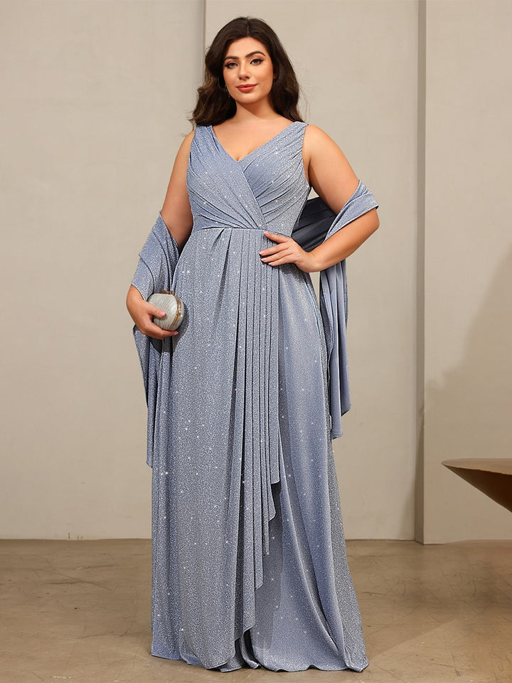 Glitter Tulle A Line V Neck Floor Length Mother of the Bride Dresses