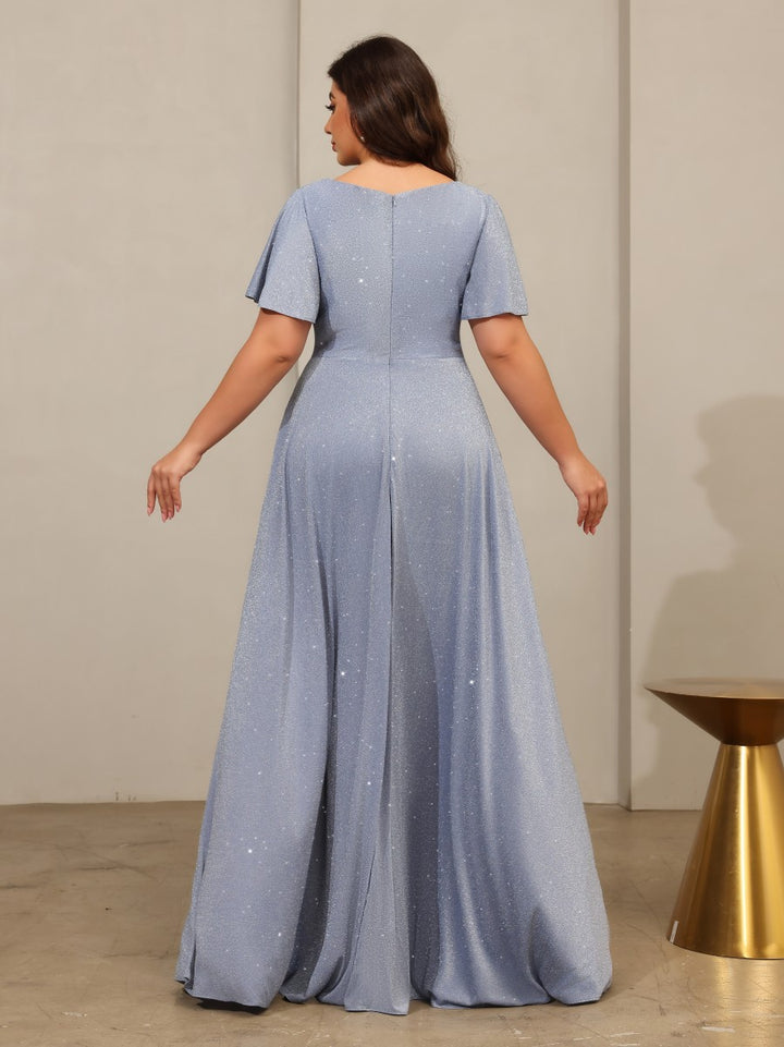 Glitter Tulle A Line V Neck Short Sleeves Mother of the Bride Dresses