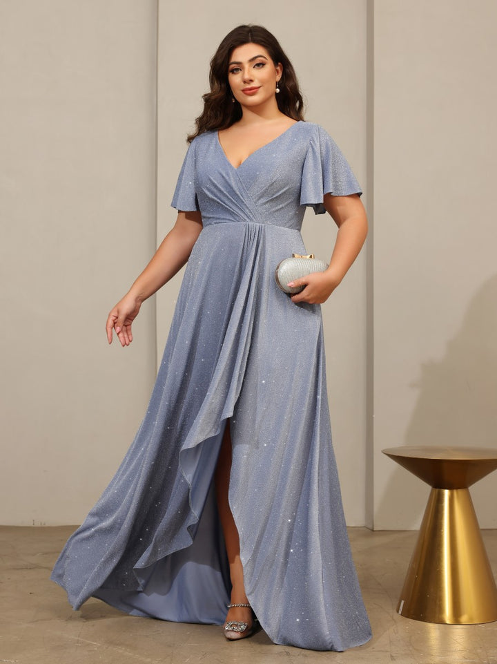 Glitter Tulle A Line V Neck Short Sleeves Mother of the Bride Dresses
