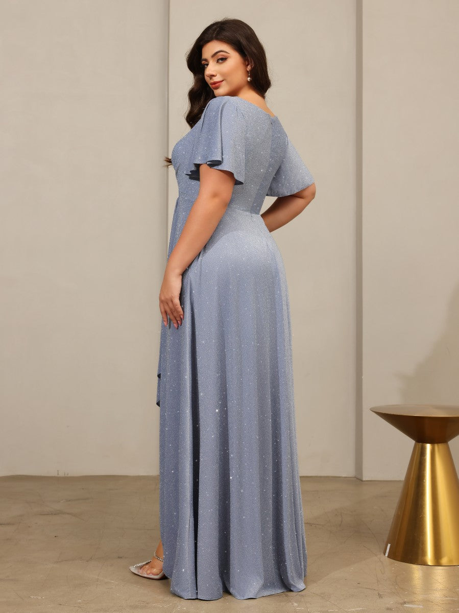 Glitter Tulle A Line V Neck Short Sleeves Mother of the Bride Dresses