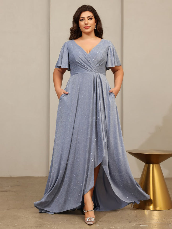 Glitter Tulle A Line V Neck Short Sleeves Mother of the Bride Dresses