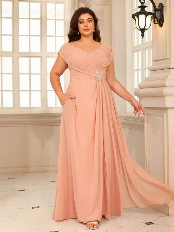 A Line V Neck Floor Length Chiffon Mother of the Bride Dresses