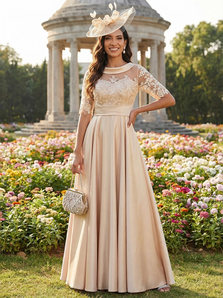 Scoop Neck Lace Appliques A Line Satin Mother of the Bride Dresses