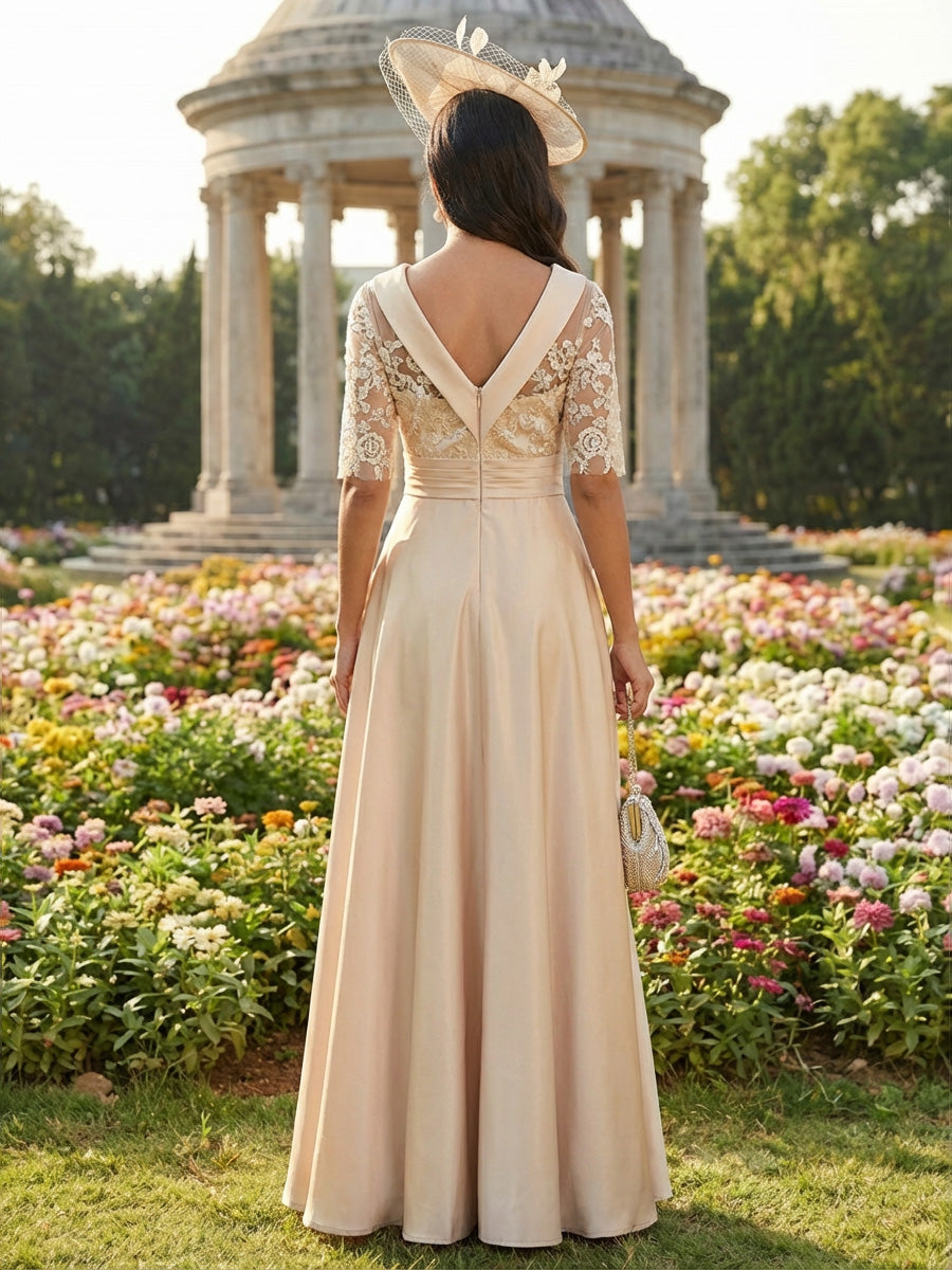 Scoop Neck Lace Appliques A Line Satin Mother of the Bride Dresses