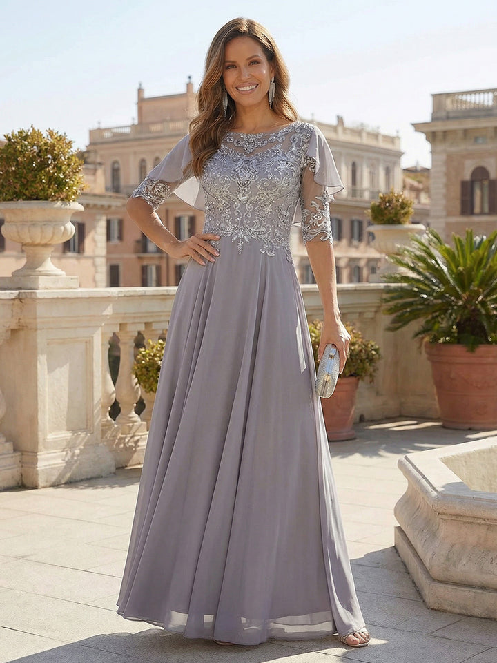 Chiffon Cape Sleeves Lace Appliques Mother of the Bride Dresses