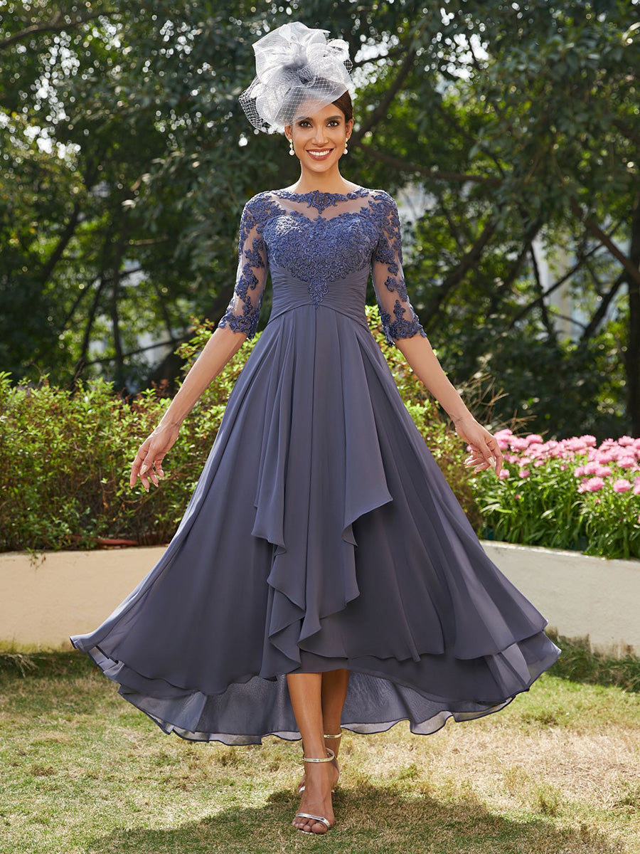 Chiffon 3/4 Sleeves Lace Appliques Mother of the Bride Dresses