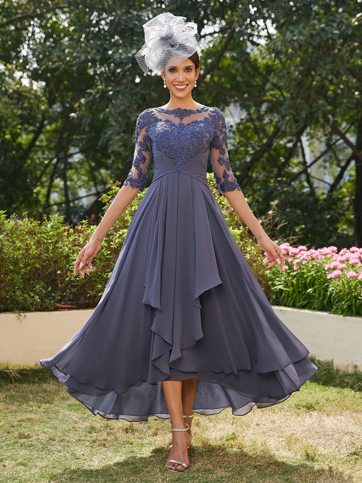 Chiffon 3/4 Sleeves Lace Appliques Mother of the Bride Dresses