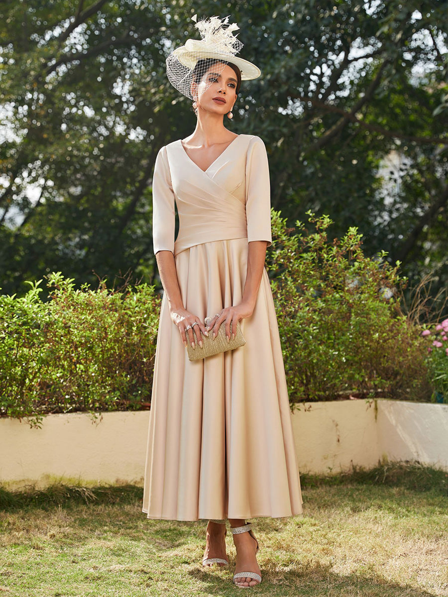 Satin 3/4 Sleeves Mother of the Bride Dresses with Pleats