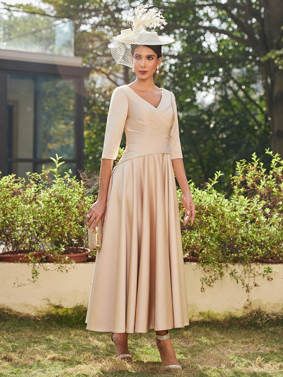 Satin 3/4 Sleeves Mother of the Bride Dresses with Pleats
