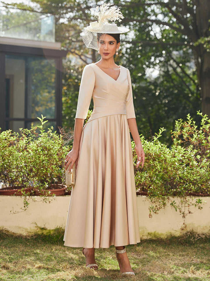 Satin 3/4 Sleeves Mother of the Bride Dresses with Pleats