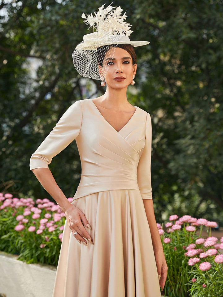 Satin 3/4 Sleeves Mother of the Bride Dresses with Pleats