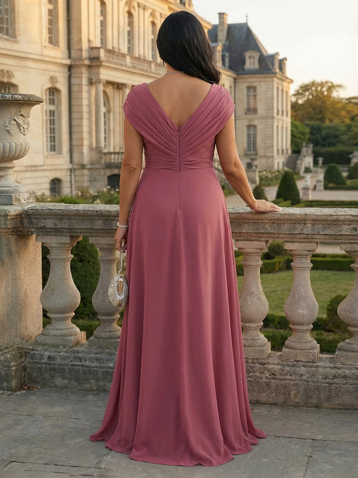 A Line Chiffon V Neck Mother of the Bride Dresses with Pleats