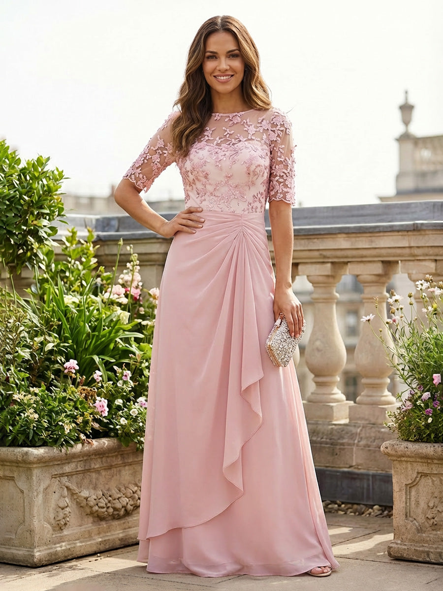 Lace Appliques A Line Chiffon Pleated Mother of the Bride Dresses