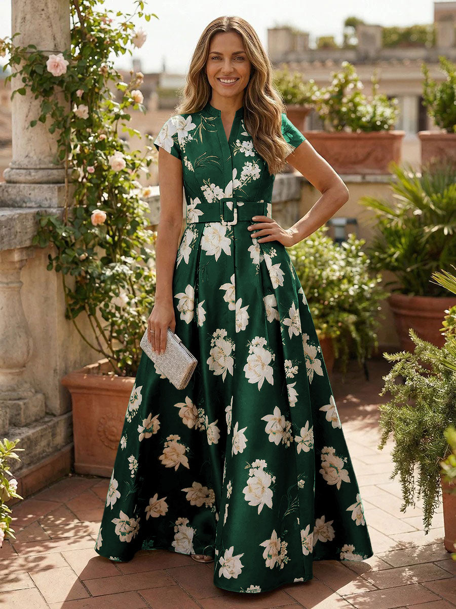 Satin A Line V Neck Floral Mother of the Bride Dresses