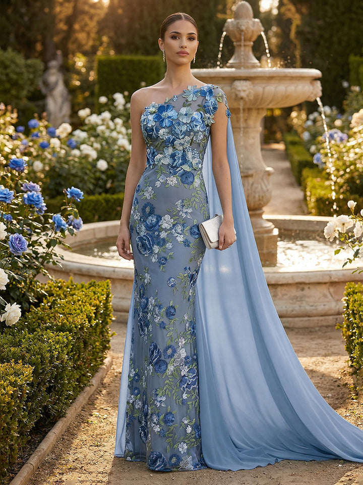 Floral Mermaid One Shoulder Formal Dresses with Scarf