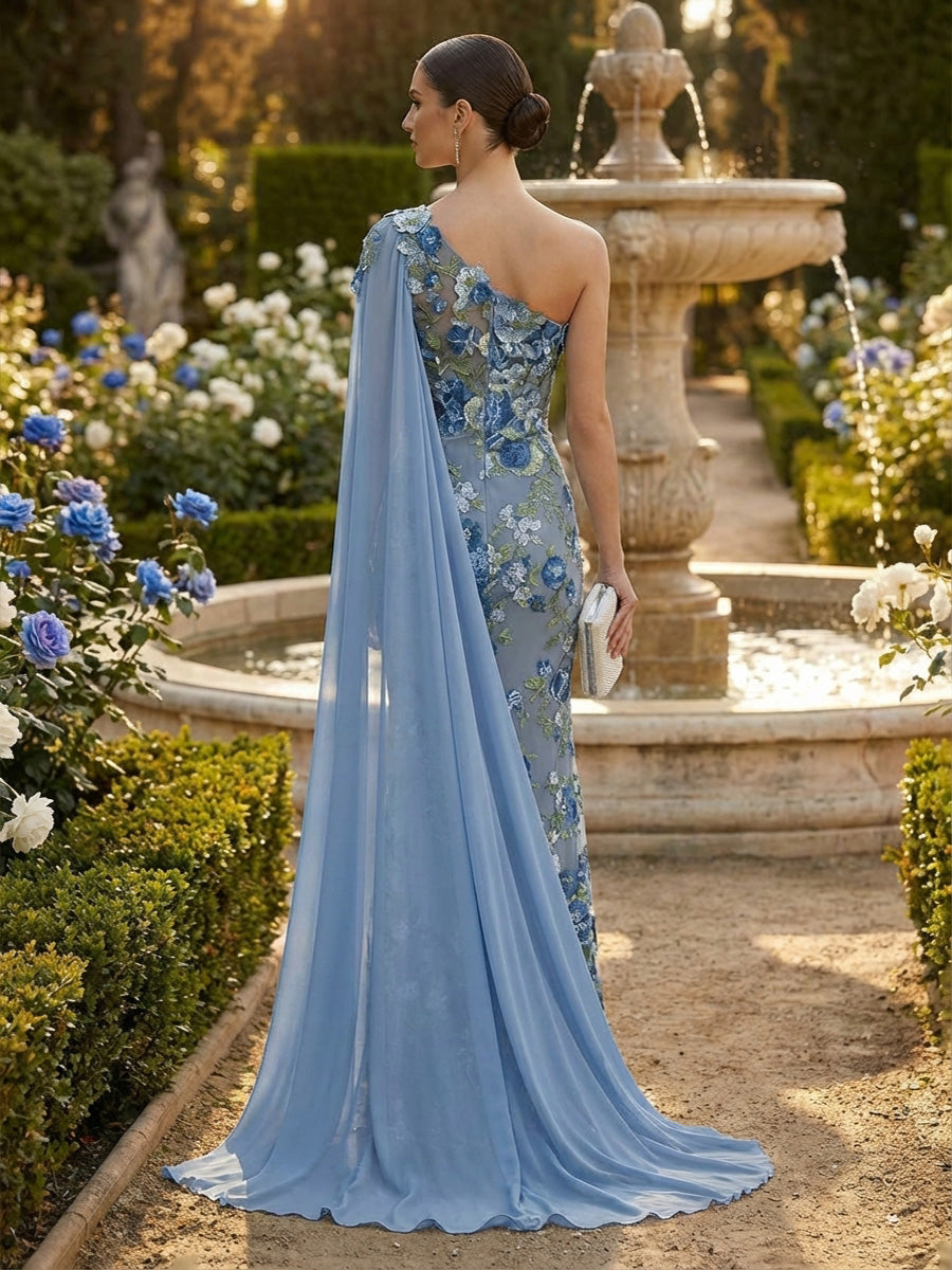 Floral Mermaid One Shoulder Formal Dresses with Scarf