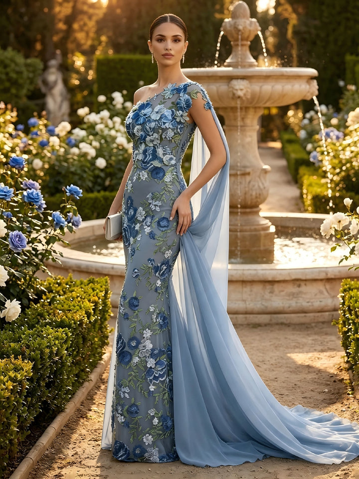 Floral Mermaid One Shoulder Formal Dresses with Scarf