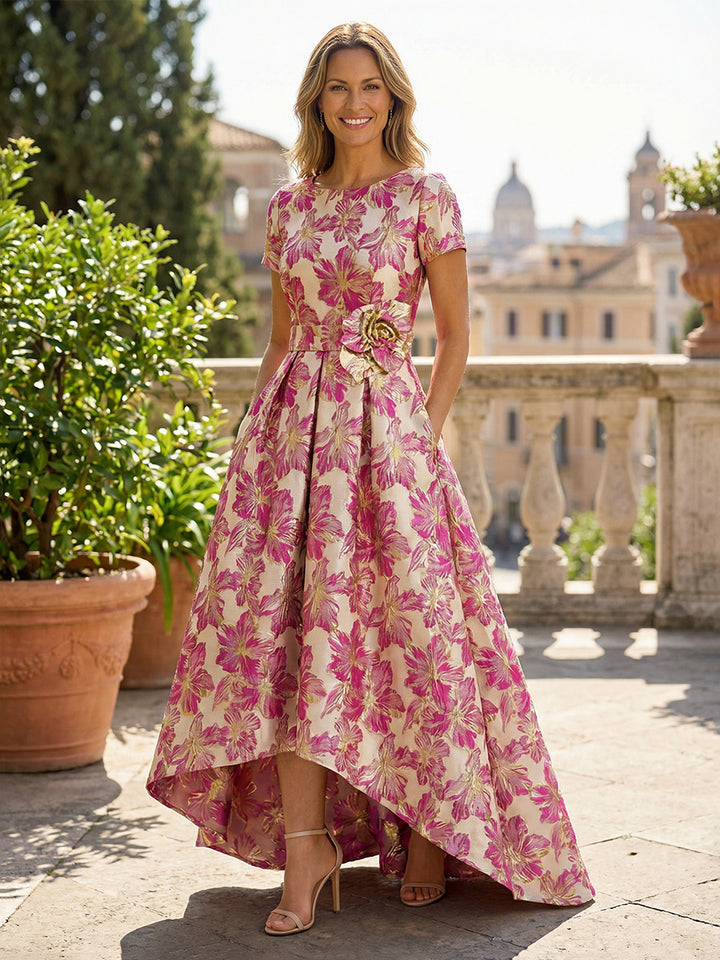 Scoop Neck Floral Jacquard Pleated Mother of the Bride Dresses with Pockets