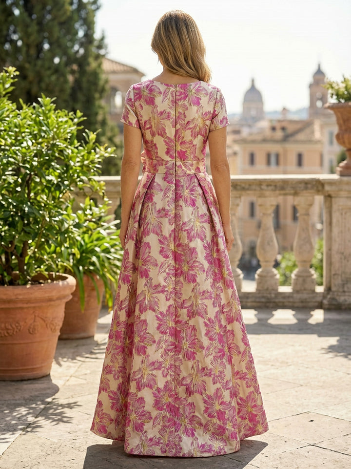 Scoop Neck Floral Jacquard Pleated Mother of the Bride Dresses with Pockets