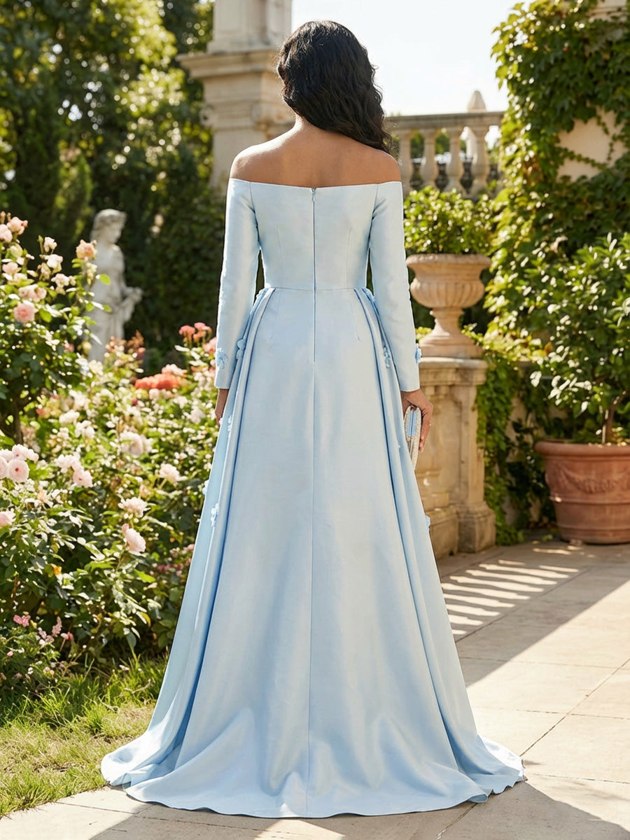 Satin Off the Shoulder 3D Flower Mother of the Bride Dresses