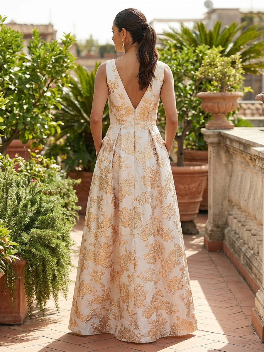 V Neck Floral Jacquard Pleated Slit Mother of the Bride Dresses with Pockets