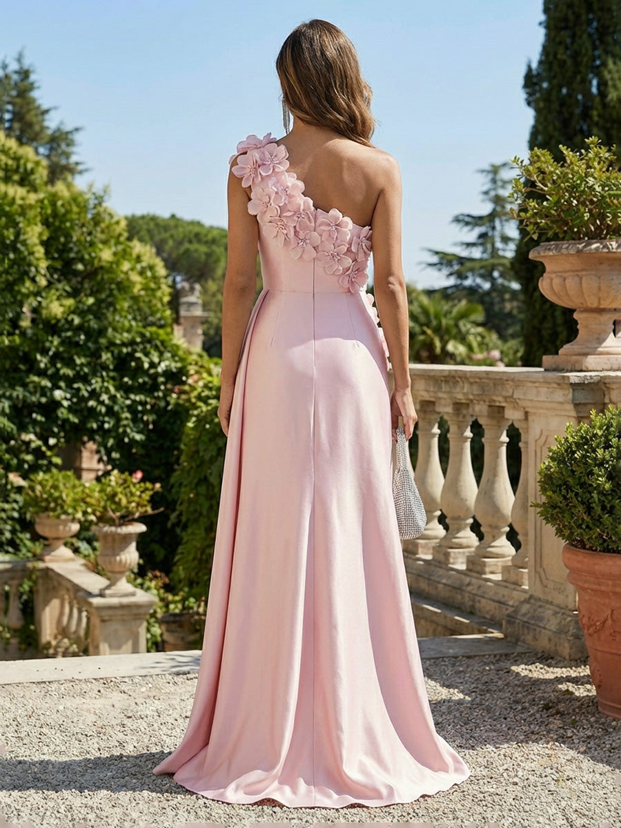 3D Flowers Satin One Shoulder Ruffles Formal Dresses