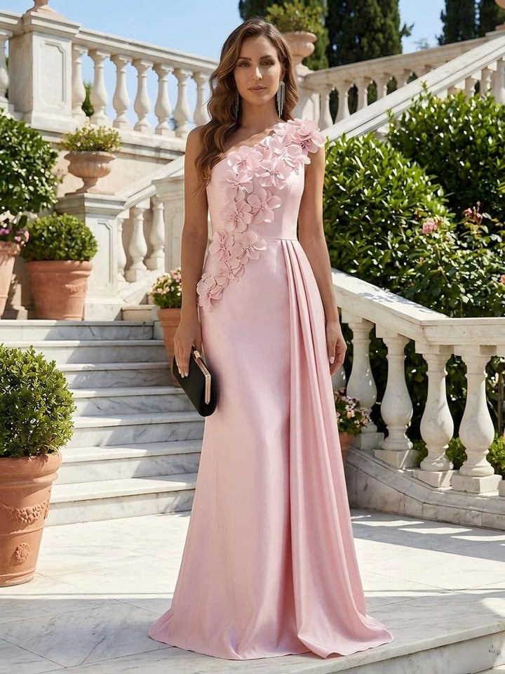 3D Flowers Satin One Shoulder Ruffles Formal Dresses