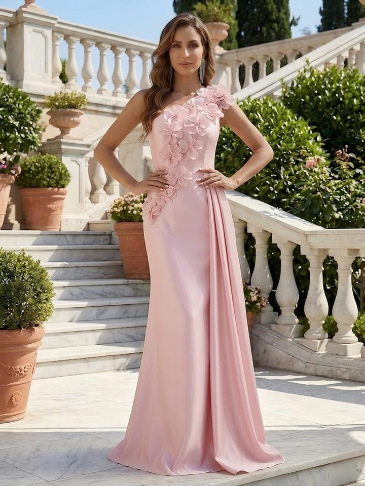 3D Flowers Satin One Shoulder Ruffles Formal Dresses