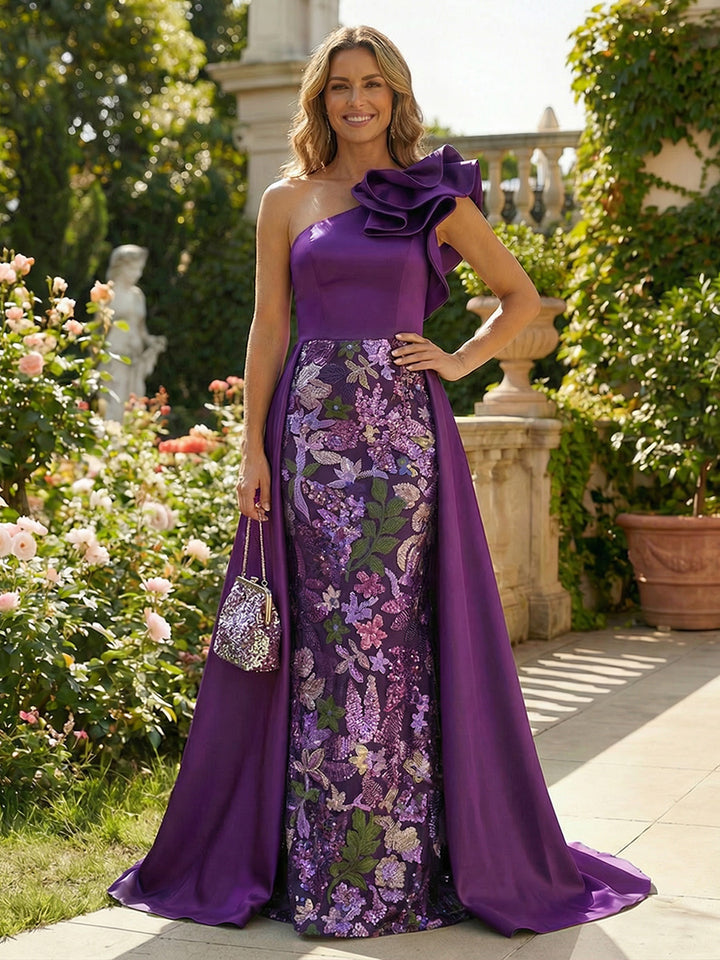 Floral One Shoulder Lace Appliques Ruffles Mother of the Bride Dresses
