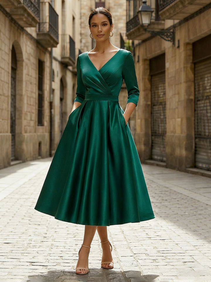 V Neck Corset Satin A Line Floral Mother of the Bride Dresses with Pockets