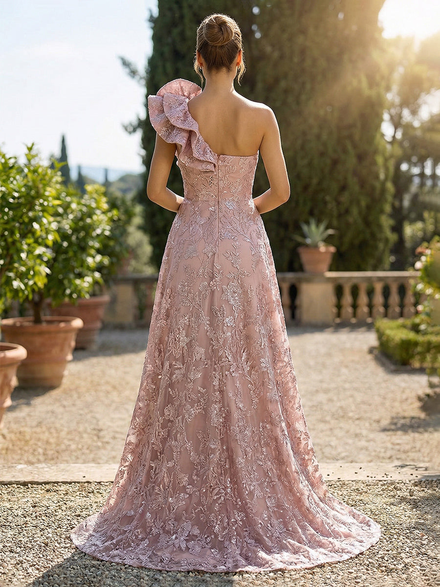 One Shoulder Lace Appliques A Line Mermaid Ruffles Floral Mother of the Bride Dresses