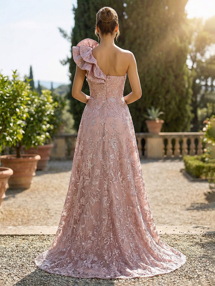 One Shoulder Lace Appliques A Line Mermaid Ruffles Floral Mother of the Bride Dresses