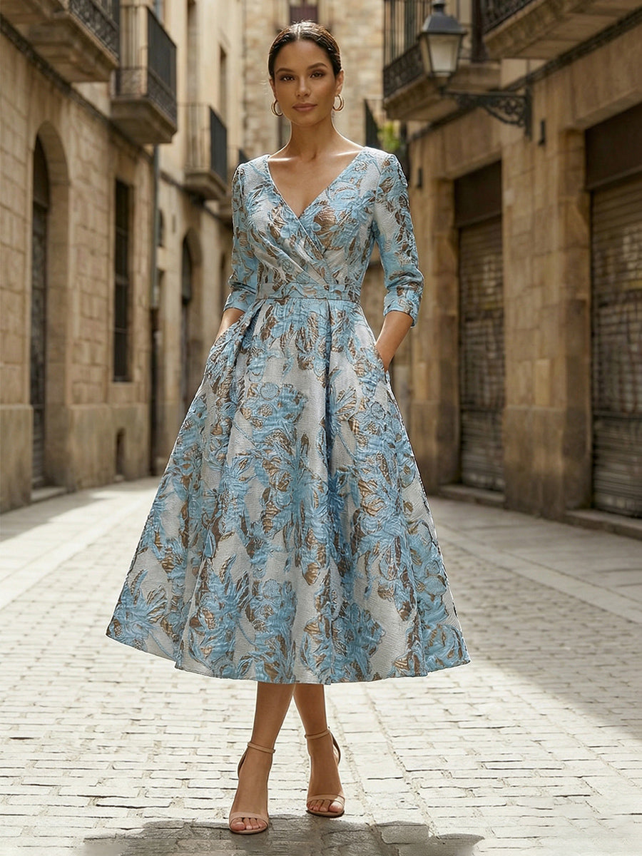Jacquard A Line V Neck Corset Floral Mother of the Bride Dresses with Pockets