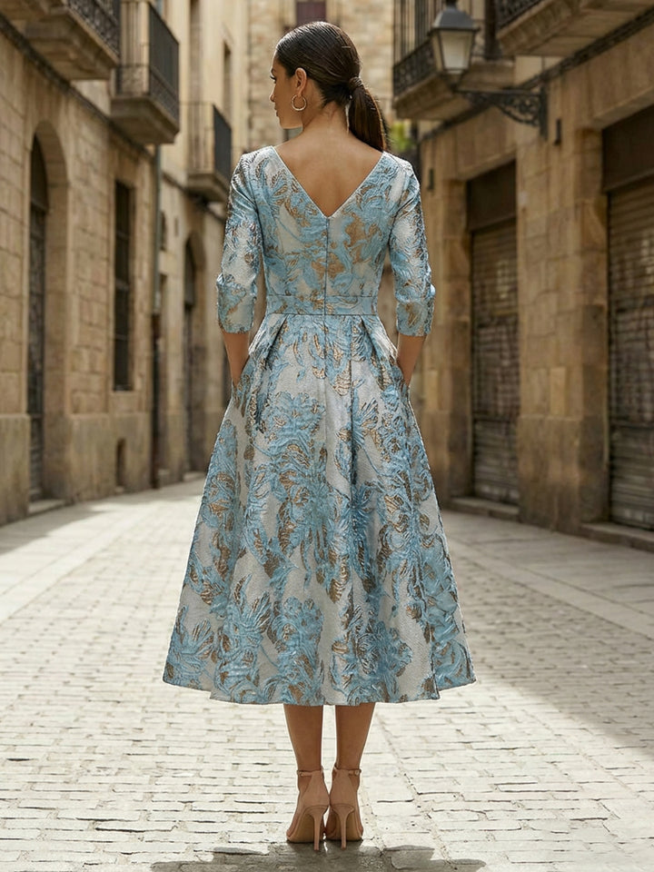 Jacquard A Line V Neck Corset Floral Mother of the Bride Dresses with Pockets