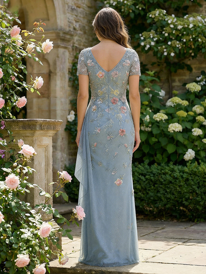 Lace Appliques Mermaid V Neck Floor Length Mother of the Bride Dresses