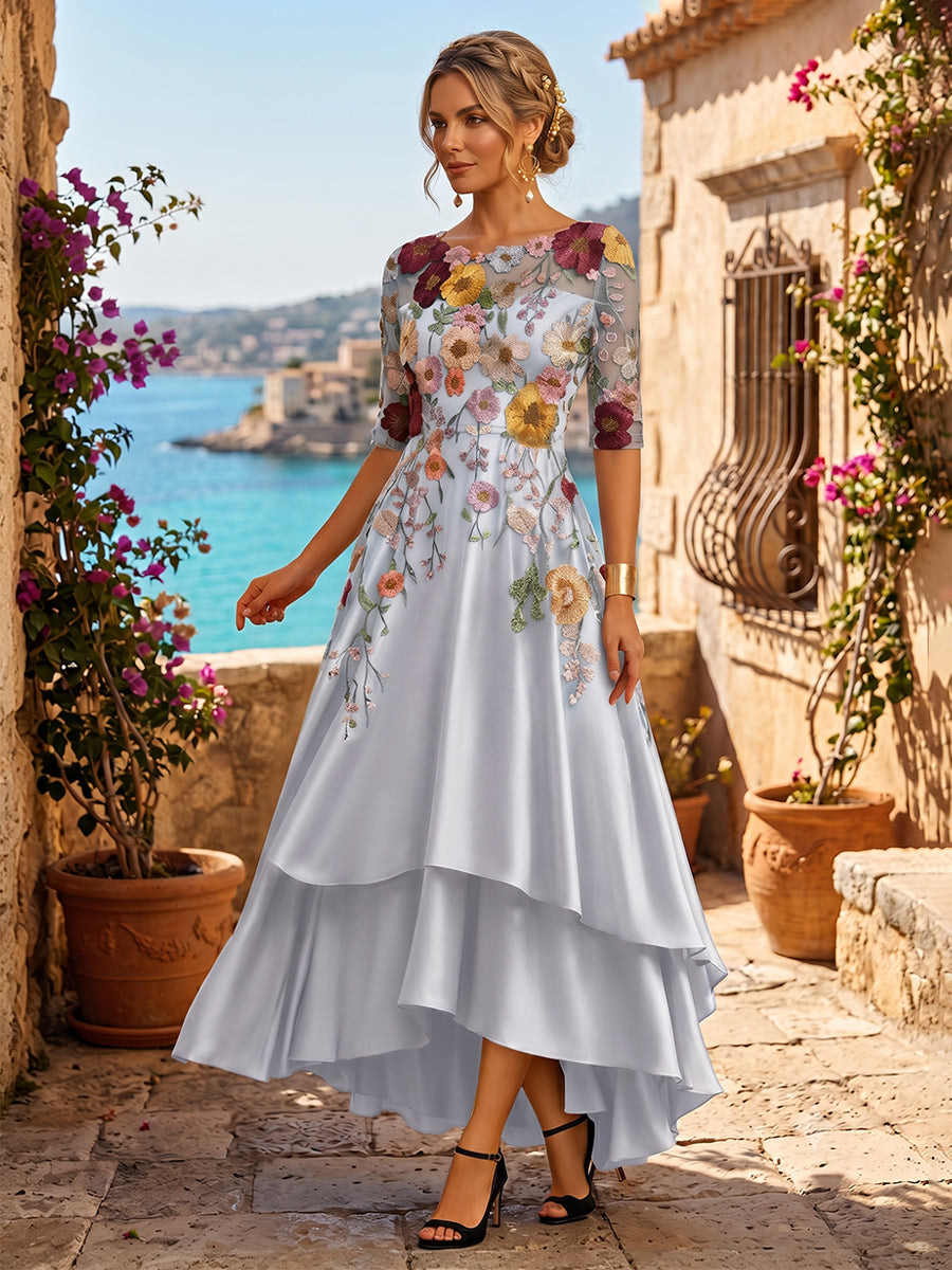 Embroidery High Low Scoop Neck Layered Ruched Mother of the Bride Dresses
