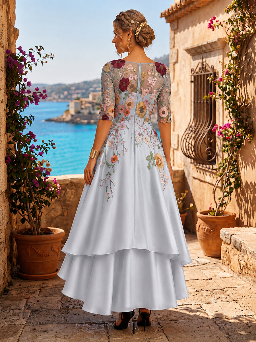 Embroidery High Low Scoop Neck Layered Ruched Mother of the Bride Dresses