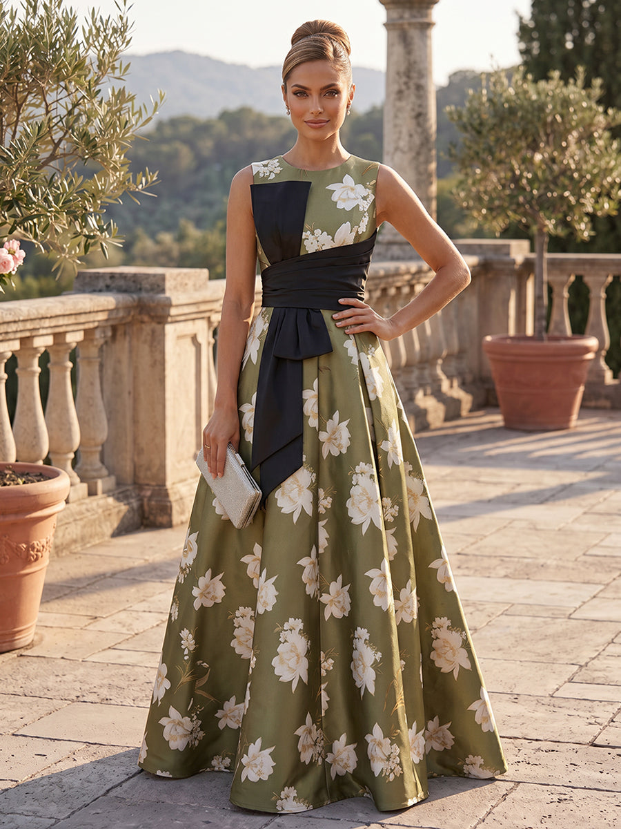 Floral Print A Line Scoop Neck Bow Ruched Mother of the Bride Dresses