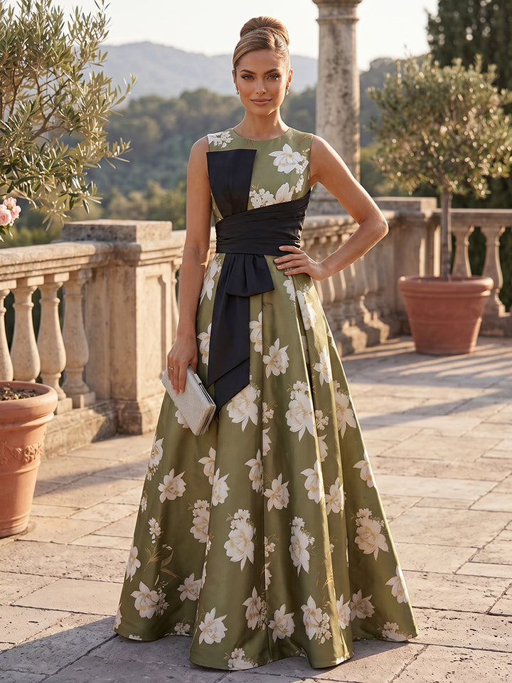 Floral Print A Line Scoop Neck Bow Ruched Mother of the Bride Dresses