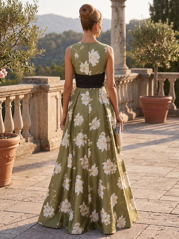 Floral Print A Line Scoop Neck Bow Ruched Mother of the Bride Dresses