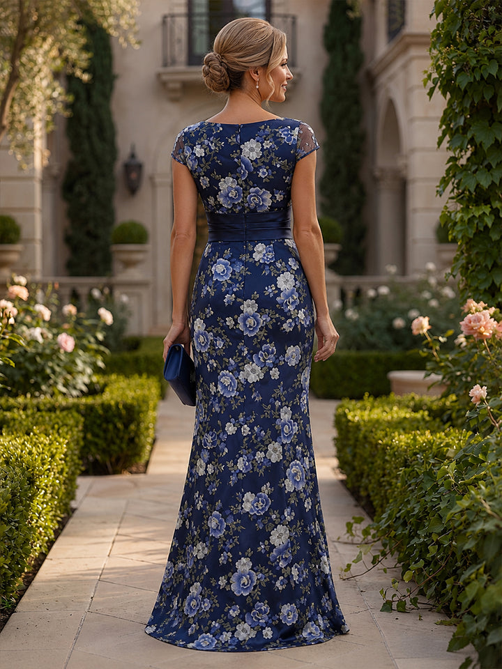 Floral Mermaid Scoop Neck Bow Ruched Mother of the Bride Dresses
