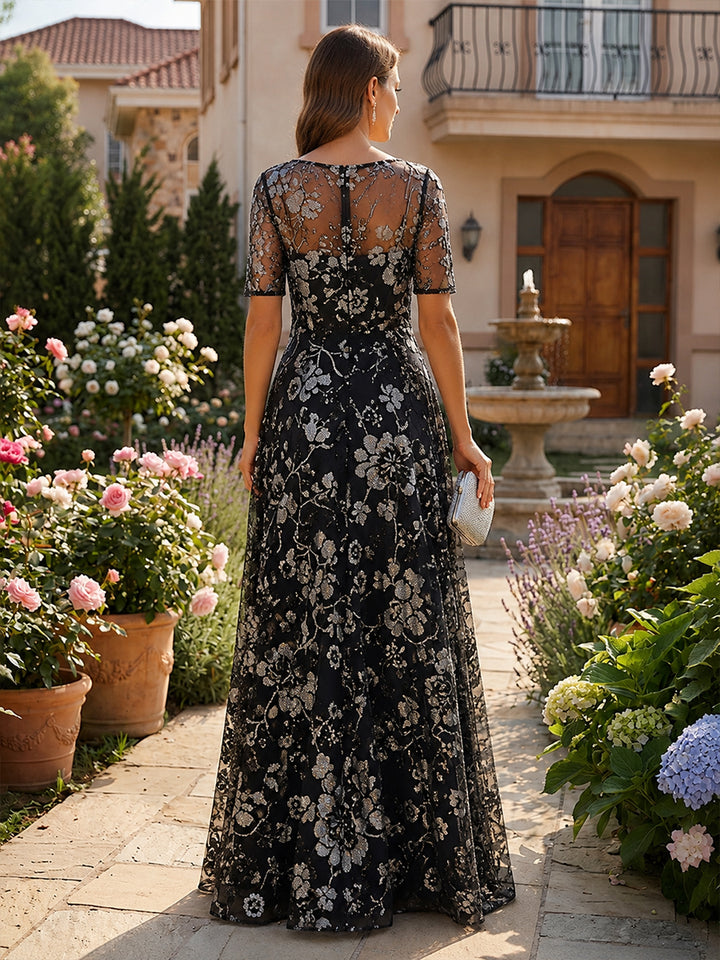Sequin Floral Mermaid Scoop Neck Glitter Ruched Mother of the Bride Dresses