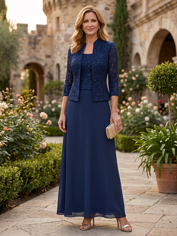 Chiffon Sheath Square Neck Lace Appliques Ruched Mother of the Bride Dresses