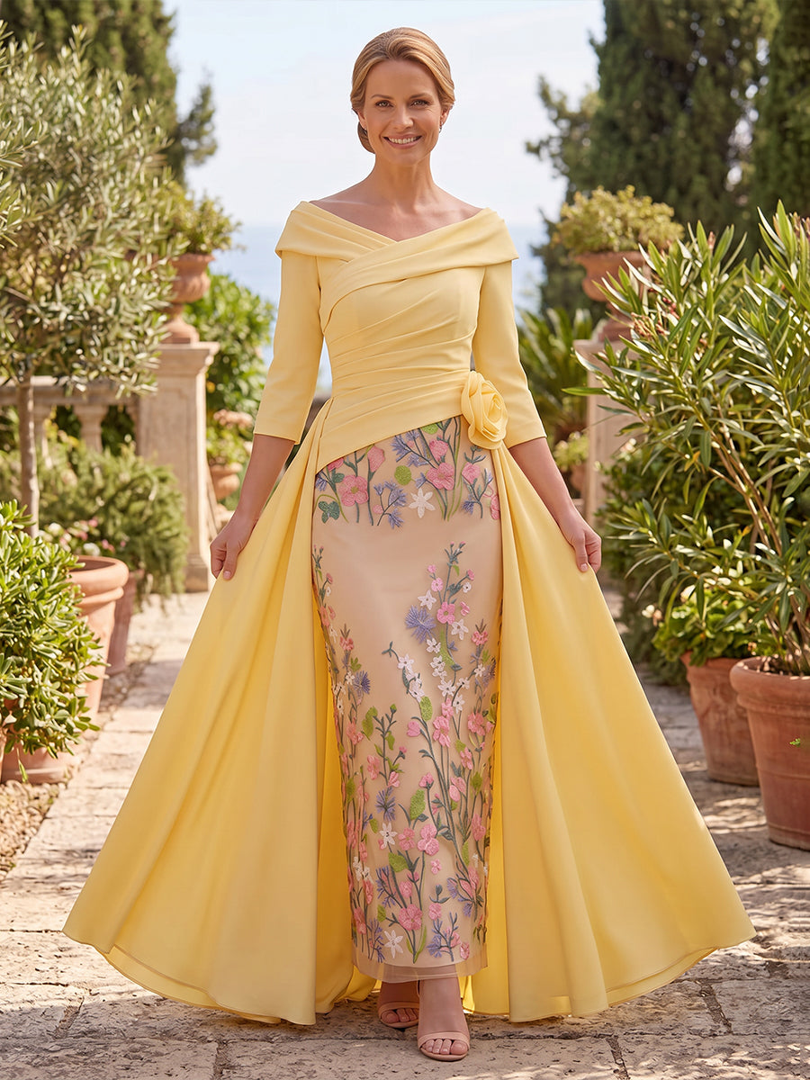 Satin A Line Off the Shoulder Embroidery Ruched Mother of the Bride Dresses