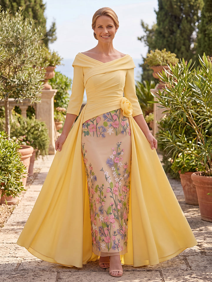 Satin A Line Off the Shoulder Embroidery Ruched Mother of the Bride Dresses