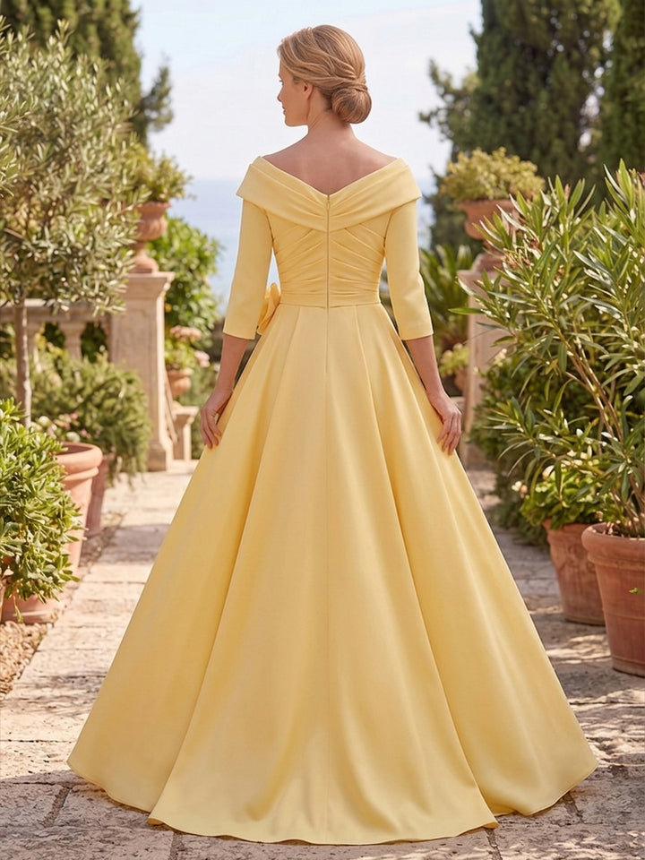 Satin A Line Off the Shoulder Embroidery Ruched Mother of the Bride Dresses