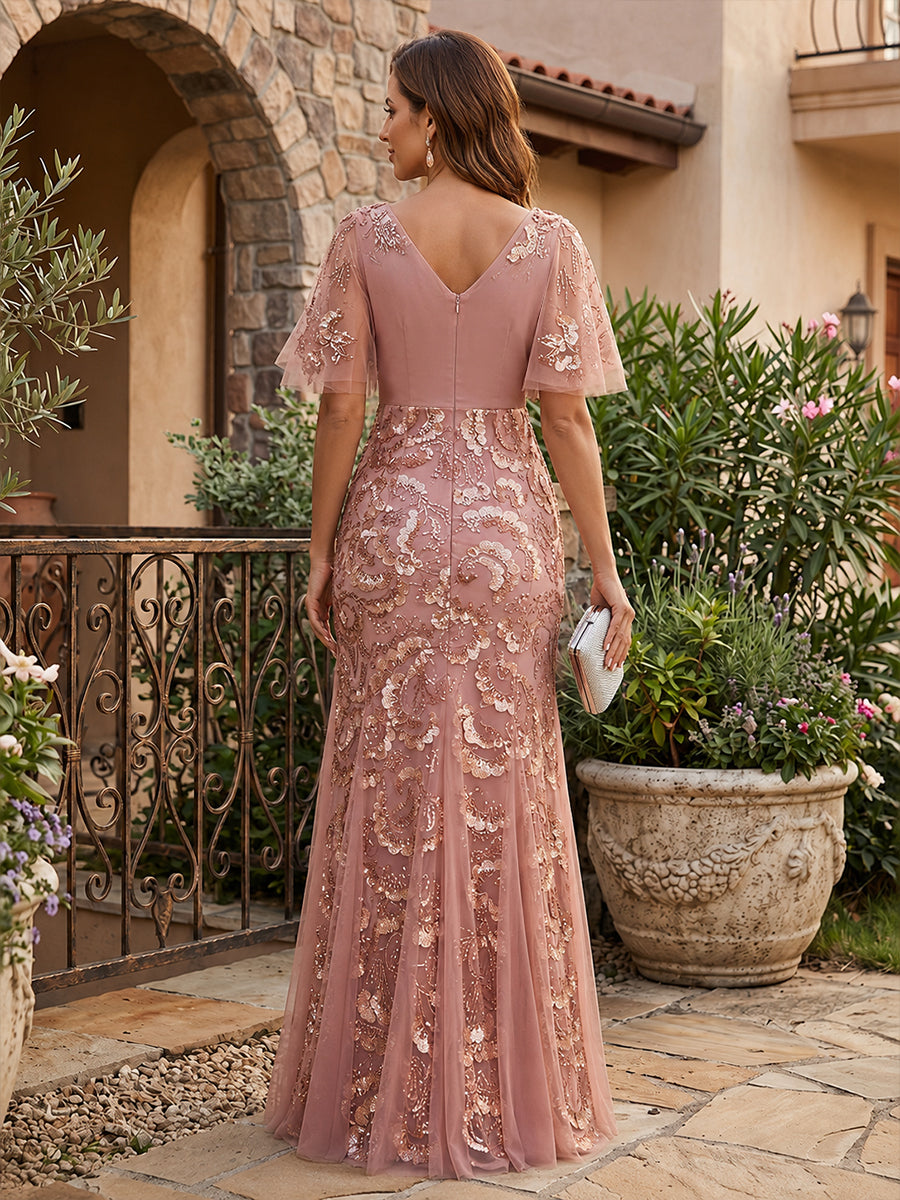 Sequin Floral Mermaid V Neck Glitter Ruched Mother of the Bride Dresses