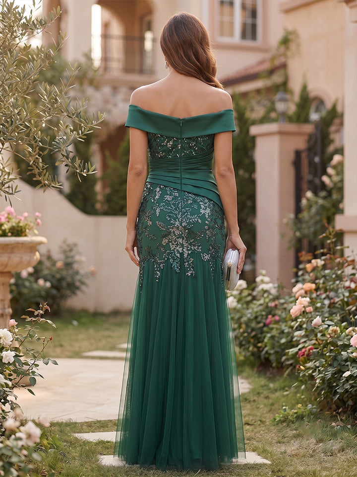 Satin Mermaid Off the Shoulder Sequin Ruched Mother of the Bride Dresses