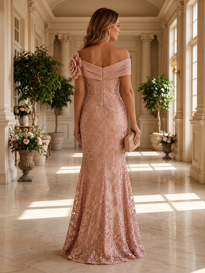 Sequin Floral Mermaid Off the Shoulder 3D Flowers Ruched Mother of the Bride Dresses