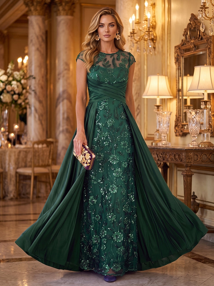 Sequin Floral A Line Scoop Neck Glitter Ruched Mother of the Bride Dresses